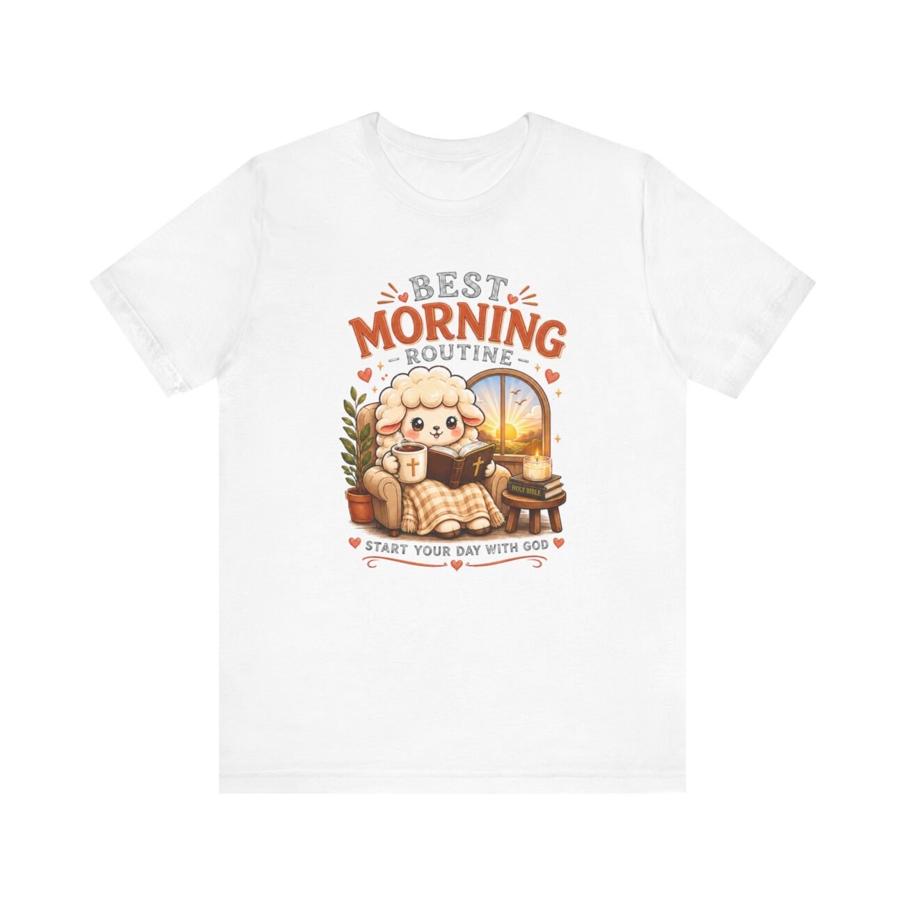 TEE2605-06 Best Morning Routine Christian T-shirt with Bible coffee and sheep design