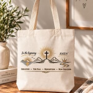 Genesis to Revelation Christian tote bag showing the Creation, the Fall, and New Creation message