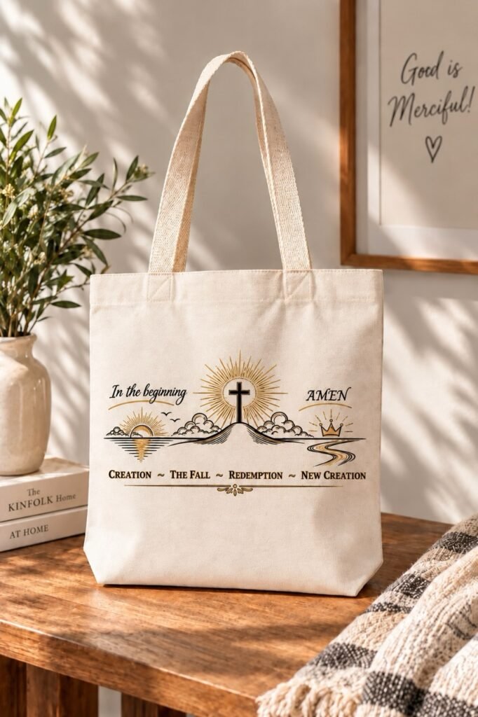 Genesis to Revelation Christian tote bag showing the Creation, the Fall, and New Creation message