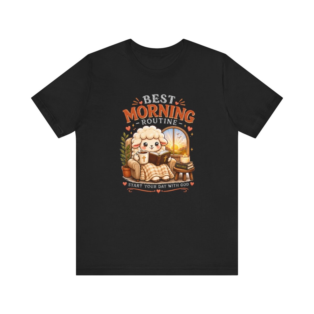 TEE2605-04 Best Morning Routine Christian T-shirt with Bible coffee and sheep design