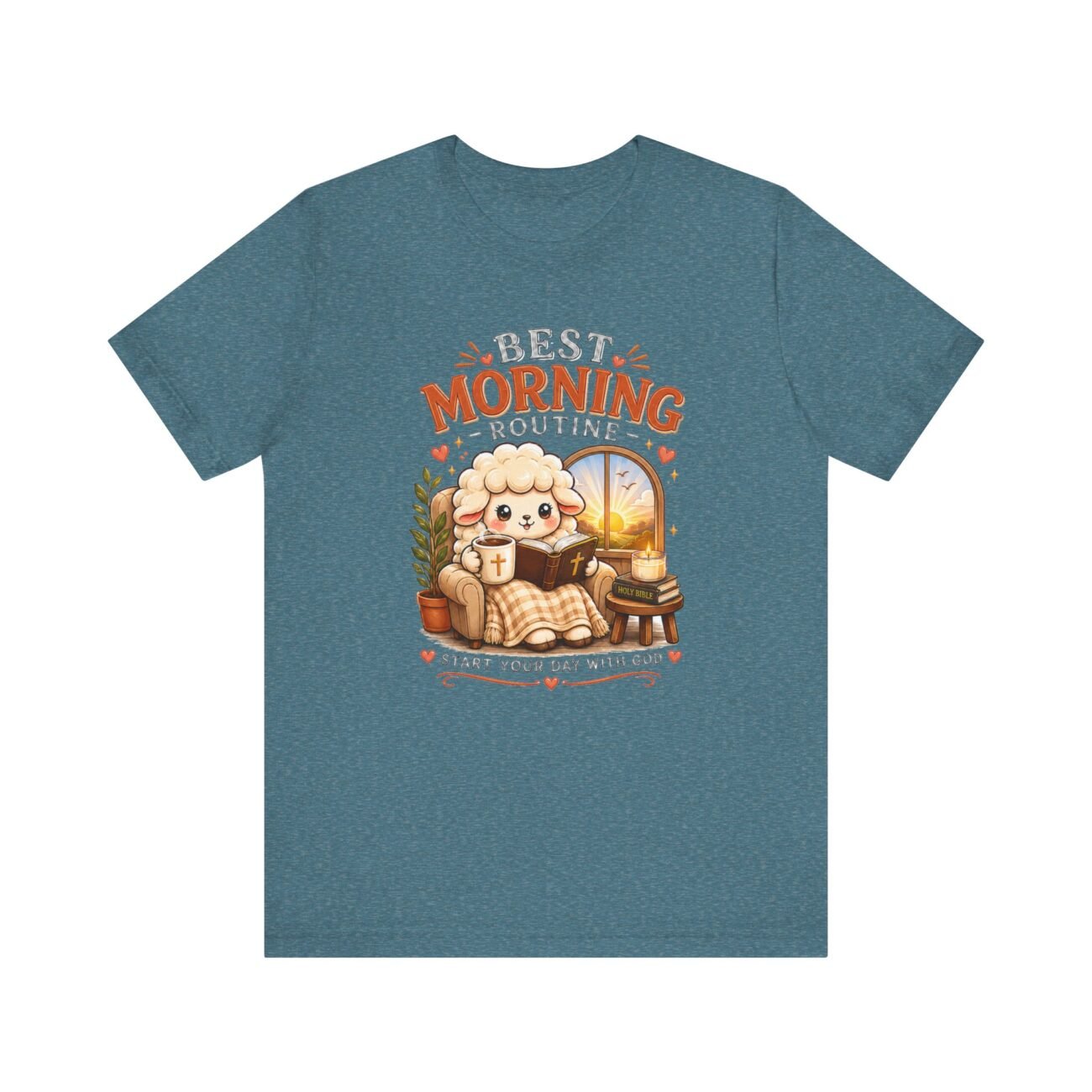 TEE2605-02 Best Morning Routine Christian T-shirt with Bible coffee and sheep design