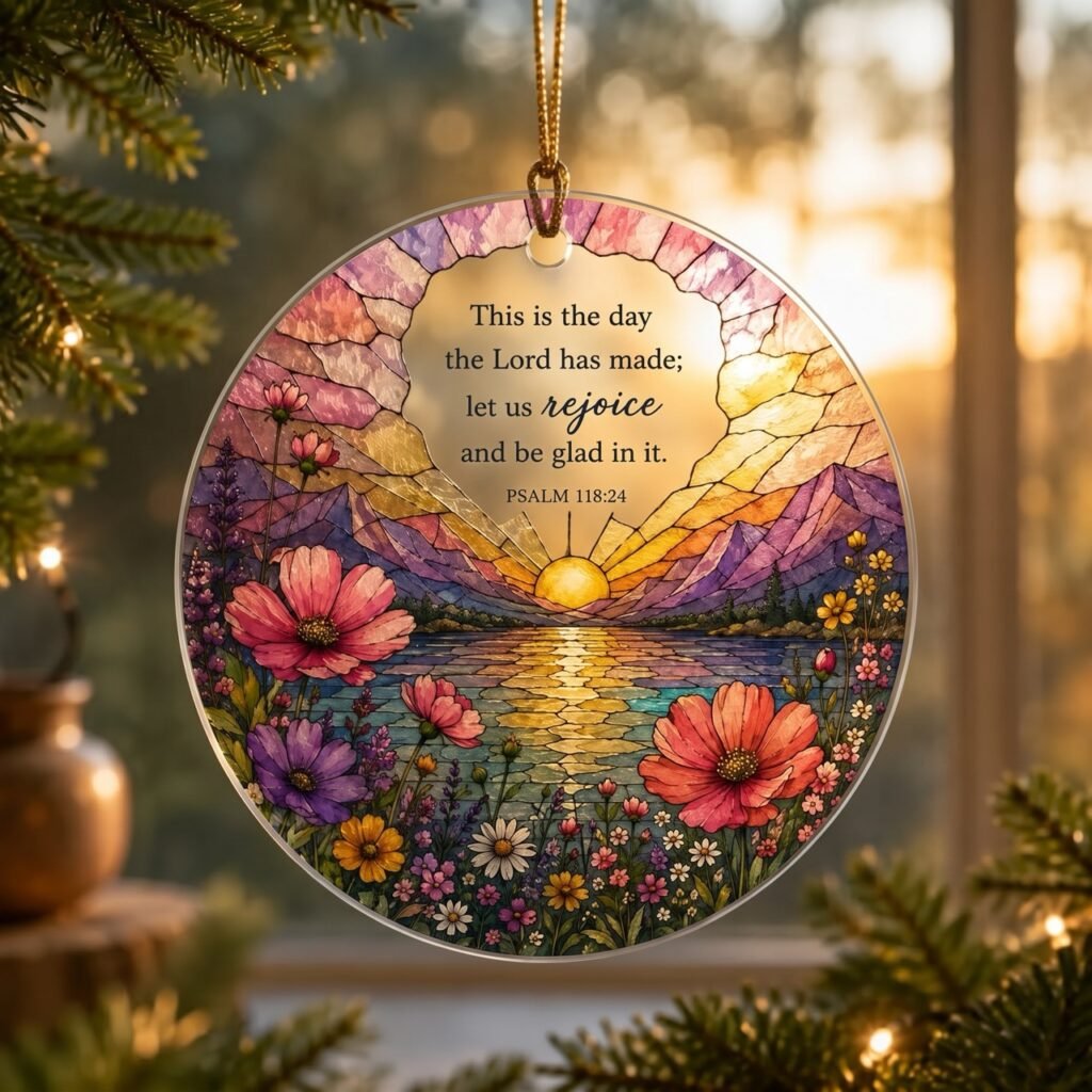 Psalm 118:24 stained-glass-inspired acrylic ornament with colorful flowers and Scripture verse