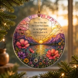 Psalm 118:24 stained-glass-inspired acrylic ornament with colorful flowers and Scripture verse