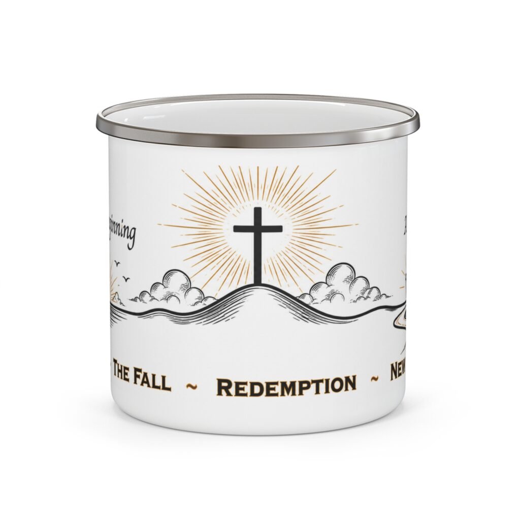 Genesis to Revelation Christian mug showing the Creation, the Fall, and New Creation message