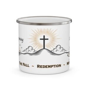 Genesis to Revelation Christian mug showing the Creation, the Fall, and New Creation message