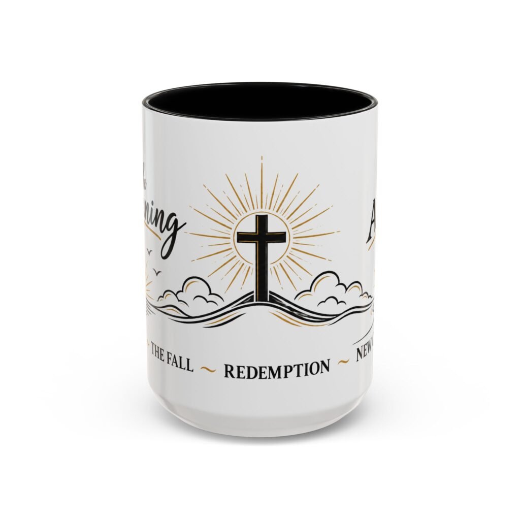 Genesis to Revelation Christian mug showing the Creation, the Fall, and New Creation message