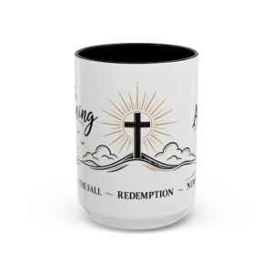 Genesis to Revelation Christian mug showing the Creation, the Fall, and New Creation message