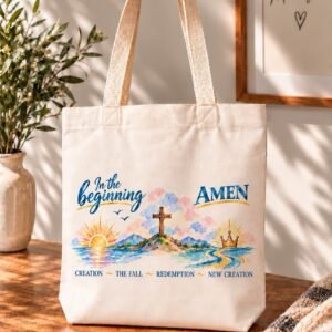 Genesis to Revelation Christian tote bag showing the Creation, the Fall, and New Creation message