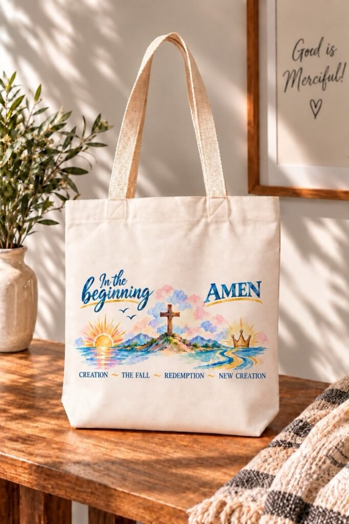 Genesis to Revelation Christian tote bag showing the Creation, the Fall, and New Creation message