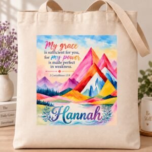 Personalized Bible verse watercolor mountain tote bag