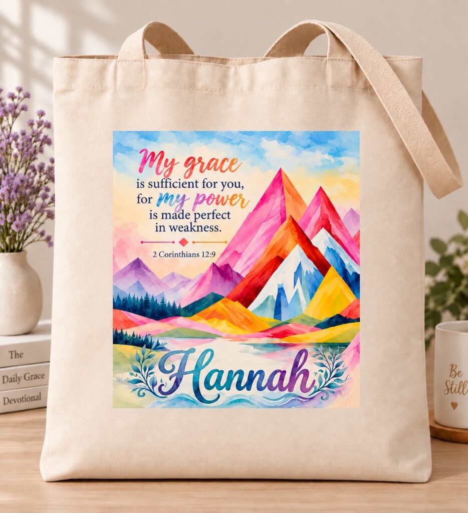 Personalized Bible verse watercolor mountain tote bag